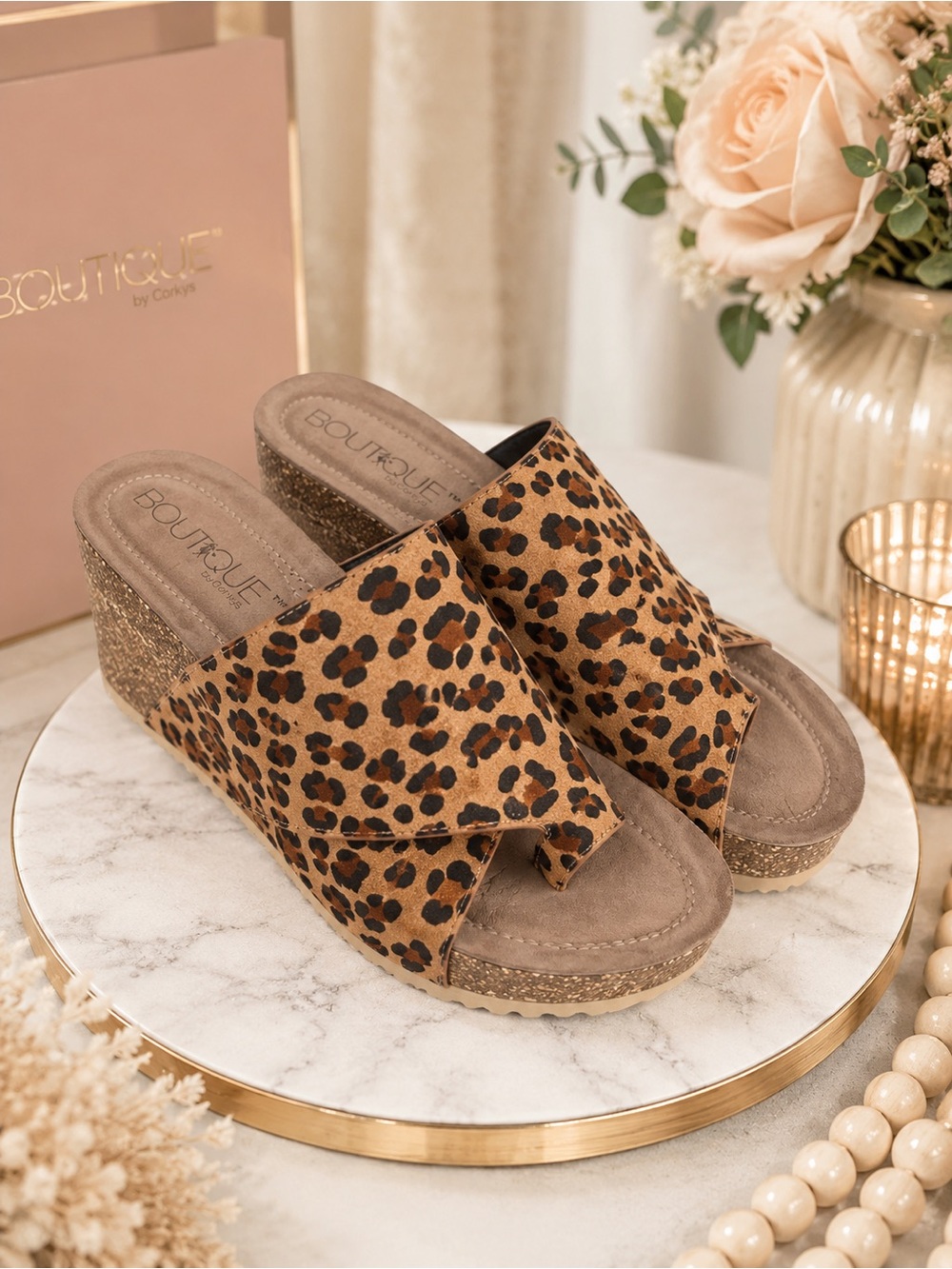 Corkys Leopard Print Wedge Slides - Tan & Black